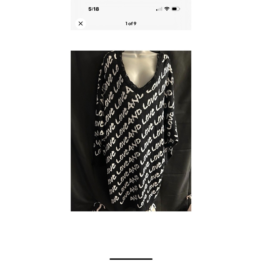 3X Ashley Stewart Black/White Love Graphic V-Neck Knit Sweater Dress  #1807*15